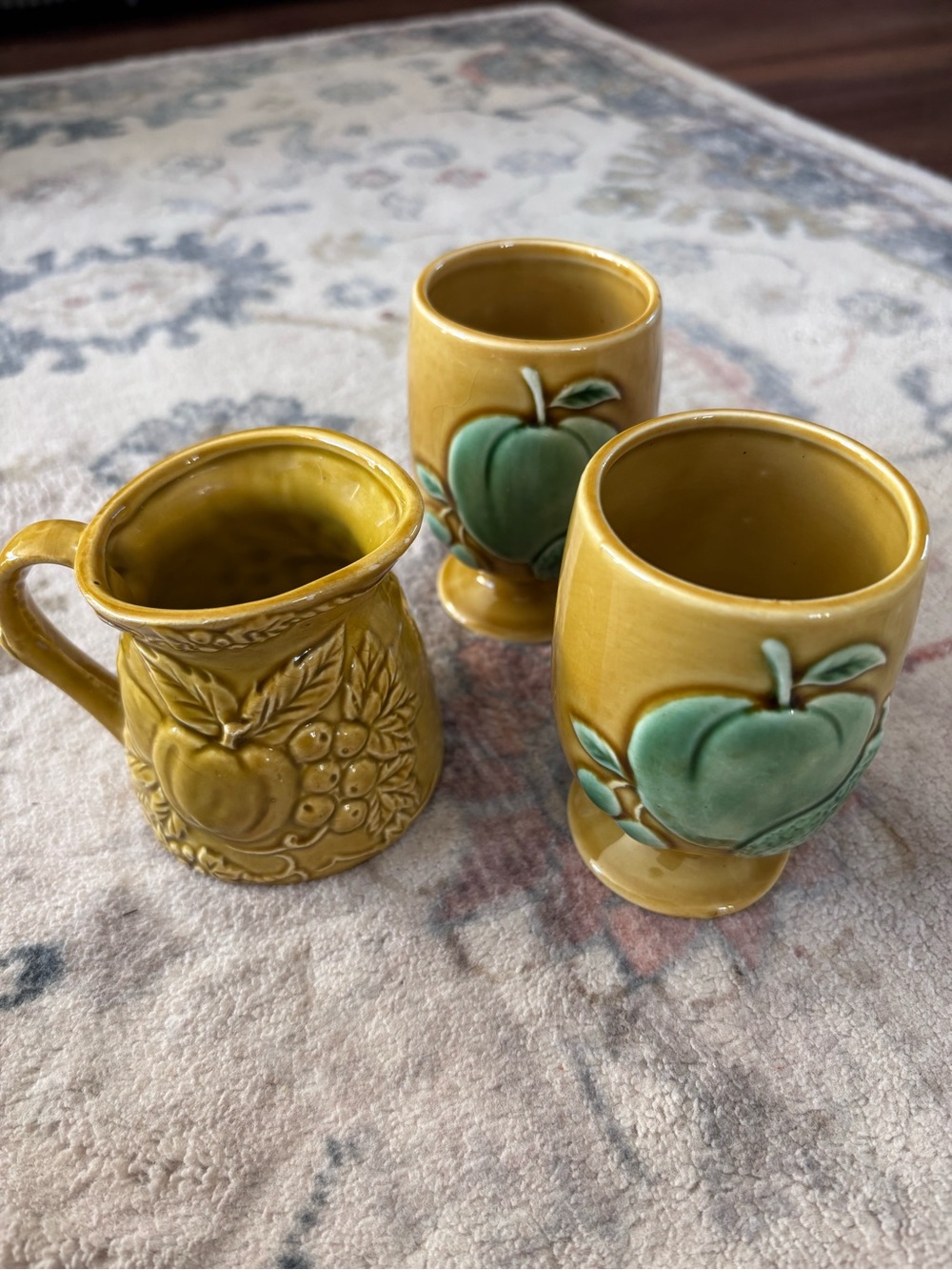 Vintage 1960s Japanese Yellow Ceramic Fruit Motif Creamer 1/2cup and Egg Cupsset